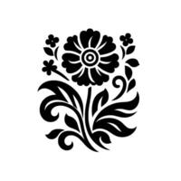 A symmetrical black and white stylized floral , featuring a large flower with concentric circles, surrounded by smaller blossoms and swirling foliage. vector