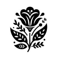 Black and white stylized floral featuring a symmetrical bloom with leaves, branches, and decorative elements in minimalist form. vector