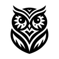 A stark, symmetrical owl illustration rendered in bold black lines on a clean white background, evoking a sense of wisdom. vector