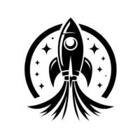 Minimalist Black and White Rocket Launching within a Circle of Stars, Symbolizing Space Exploration and Adventure. vector