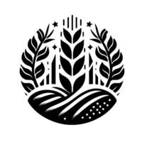 Stylized Black and White Wheat Field Symbol with Wheat Stalks, Leaves, and Stars in a Circle vector