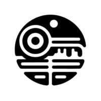 Black and white minimalist emblem of a key within a circle, featuring a dot, symbolic of security and access. vector