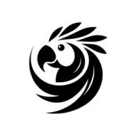 A striking, minimalist black and white featuring the stylized silhouette of a parrot with a circular, fluid composition and elegant feather details. vector