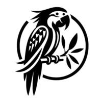 Stylized Black and White Parrot Perched on Branch Inside Circular Frame, with Minimalist Aesthetic. vector