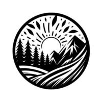 Black and White Circular Illustration of a Mountain Landscape with Pine Trees, a Sun, and Flowing Hills, in a minimalist art style. vector