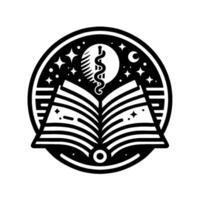 Celestial Medical Knowledge Open Book with Caduceus Under Moon Stars in a Black White Circular Emblem. vector