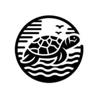 Black and white circular of a sea turtle swimming in ocean waves with birds and clouds, minimalist . vector