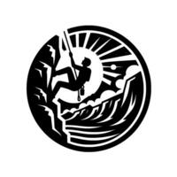 Silhouette of a Rock Climber Ascending a Cliff Face Inside a Circular Frame, Depicting Sunburst and Mountain Landscape in Black and White. vector