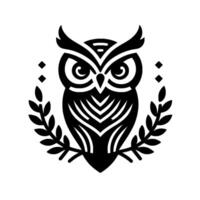 A stylized, symmetrical black and white illustration of a majestic owl, encircled by laurel leaves, with simple geometric accents, evoking wisdom and elegance. vector