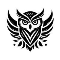 Stylized Black and White Owl with Spread Wings, Geometric Patterns, and Minimalist on White Background. vector