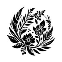 A symmetrical black and white floral , with a central flower surrounded by leaves, berries, and branches, in a circular composition on a white background. vector