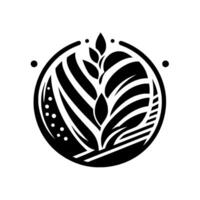 Stylized Black and White Floral Within a Circle, Featuring Lines, Leaf Elements, and Dots, Minimalist Composition. vector