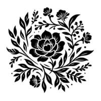 Intricate Black and White Floral Illustration A symmetrical circular of blossoming flowers, leaves, and stems, creating a stylized elegant composition. vector