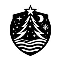 Black and white Christmas scene inside a crest shape, depicting a decorated tree under a starry night with a crescent moon and snowflake, and a star on top. vector