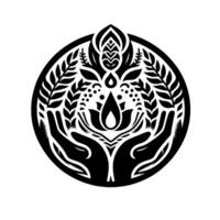 Elegant monochrome emblem depicting hands cradling a lotuslike floral element with surrounding botanical foliage, within a circular frame. vector
