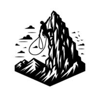 Black and White Silhouette Courageous Climber Ascends Sharp Mountain, Reaching for the Peak, Surrounded by Clouds and Birds. vector