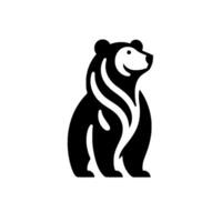 Stylized Black Bear with White Accents Smiling, Sitting, and Focused on the Right, on a Clean White Background. vector