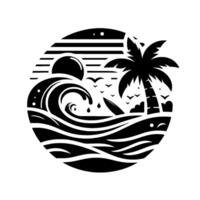 Stylized black and white circular featuring a sun setting over a crashing wave, palm tree, surfboard, seagulls, and shoreline in a summery scene. vector