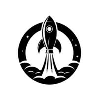 Black and White Minimalist Rocket Launch with Circle Frame, Starry Background, and Smoke Effect. vector