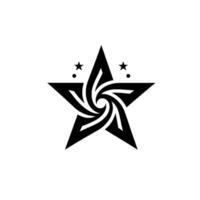 Intricate, black and white star with swirling vortex center and two smaller star accents on a clean white background. vector