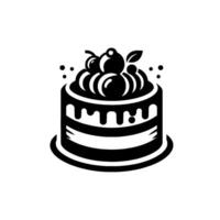 Black and white minimalist cake illustration with dripping icing, cherries, and leaves, creating a clean and elegant . vector