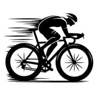 Dynamic black and white silhouette of a cyclist in motion, streamlined on a road bike with speed lines. vector