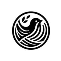 Symmetrical, minimalist black bird within a circular frame, adorned with olive branch leaves, on a white background perfect for or emblem. vector