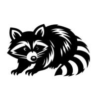A bold, minimalist illustration of a raccoon in grayscale, with a striking black and white contrast and distinct striped tail, set against a plain white background. vector