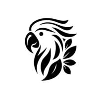 Monochromatic Illustration of a Parrot Head, Featuring Stylized Leaves, and Black and White Color Scheme. vector