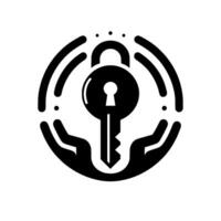 Stylized black and white showcasing a key, a lock, and hands cradling them within a circular frame. vector
