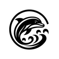 Graceful Black and White Dolphin Leaping Through Waves Within a Circular Emblem, a Clean Modern . vector