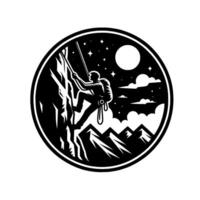 Black and white illustration of a lone rock climber scaling a cliff face at night, surrounded by stars, moon, and mountains, in a circular . vector