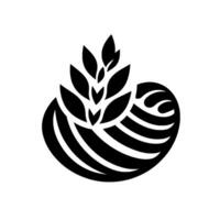 Bold black and white minimalist featuring a stylized wheat stalk emerging from a structured, organicshaped form with lines. vector