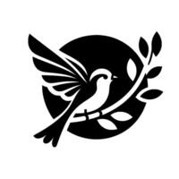 Stylized Black and White Bird with Outstretched Wings Perched on a Branch within a Circle, Representing Peace. vector