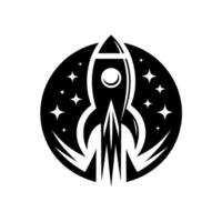 A sleek, minimalist black and white depicts a rocket ship blasting off amid a starry night, contained within a circular frame. vector