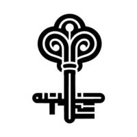 Bold, stylized, monochrome depiction of an ornate key, featuring intricate swirling details and geometric elements against a clean white backdrop. vector