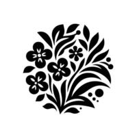 Black and white floral in a circular arrangement, featuring stylized flowers, leaves, and berries, creating a decorative pattern. vector