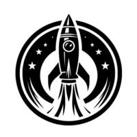 A minimalist black and white of a rocket ship blasting off, framed by a circle adorned with stars, suggesting space exploration and achievement. vector