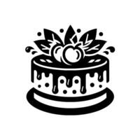 Elegant Black and White Minimalist Illustration of a Layered Cake with Chocolate Drizzle, Berries, and Leafy Garnish, Celebrating Simplicity. vector
