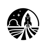 Black and White Minimalist Rocket Launch in a Circular Frame, Featuring Stars, Smoke, and Field, Emphasizing Space Exploration. vector