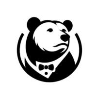 Formal Black and White Illustration of a Suited Bear Head Enclosed in a Circular Frame. vector