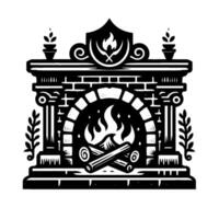 Intricate, monochromatic illustration of an ornate fireplace with roaring flames, decorative details, and a crest, evoking warmth. vector