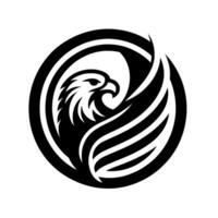 A stylized black and white emblem of a regal bird of prey, enclosed in a circular frame, exuding strength. vector