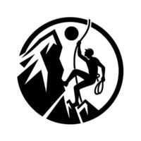 Silhouette of a mountain climber ascending a jagged peak, encircled by a black ring with a stylized sun overhead, emphasizing adventure and challenge. vector