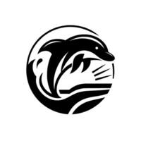 Elegant Black and White Dolphin Silhouette Leaping Through Waves, Contained within a Circle, Symbolic, and Minimalist . vector