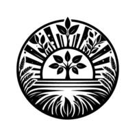 Circular Black and White A symbolic illustration of a tree in a sunriselike setting, surrounded by wheat, leaves, and rays of light. vector
