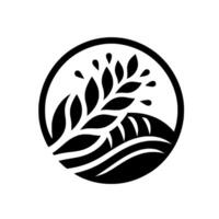 Minimalist Monochrome Featuring a stylized Wheat Stalk with Water Droplets Over Serpentine Fields Within a Circle. vector
