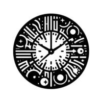 Intricate Black and White Circular Wall Clock with Abstract Geometric and Celestial Motifs vector