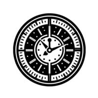 A symmetrical, black and white analog clock illustration, showcasing times passage through intricate . vector
