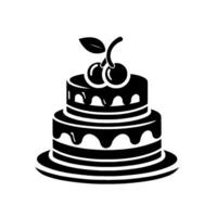 Twotiered black and white cake, frosted, with dripping icing, topped with cherries and a leaf, on a white backdrop, minimalist . vector